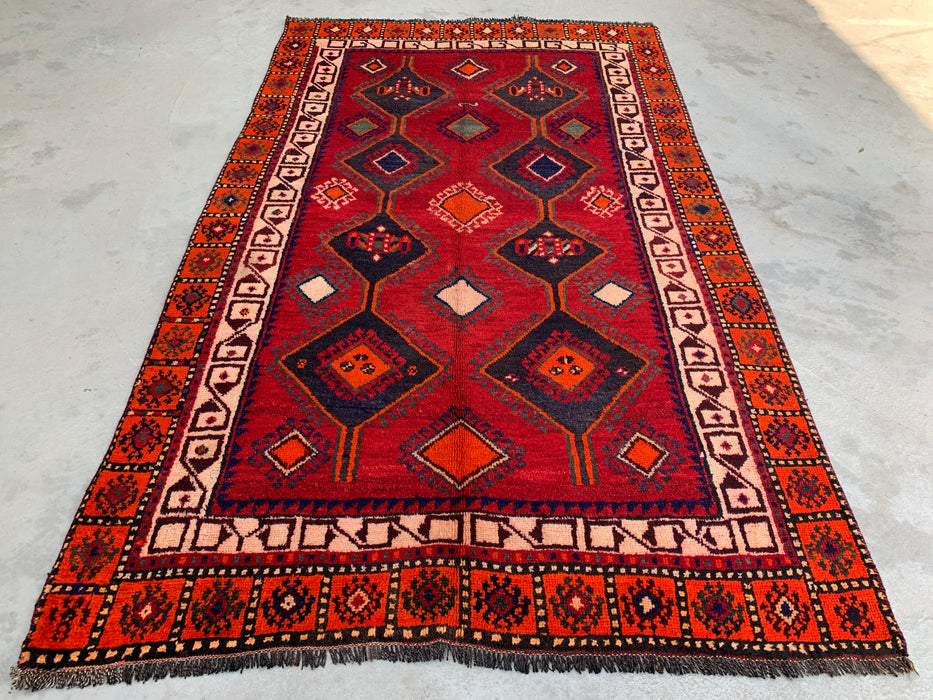 7'7 x 4'7 Hand-Knotted Persian Wool Rug - Red Geometric Tribal Medallion Design - KBHM-977