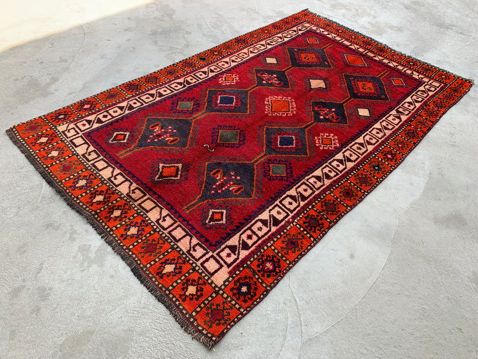 7'7 x 4'7 Hand-Knotted Persian Wool Rug - Red Geometric Tribal Medallion Design - KBHM-977
