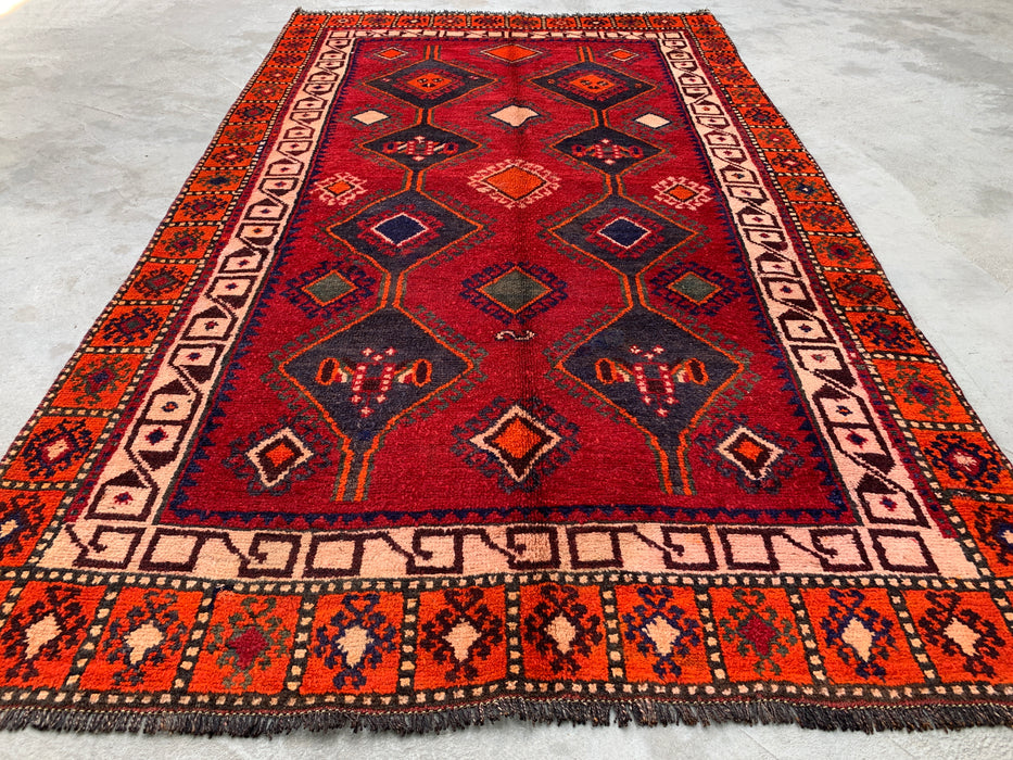 7'7 x 4'7 Hand-Knotted Persian Wool Rug - Red Geometric Tribal Medallion Design - KBHM-977