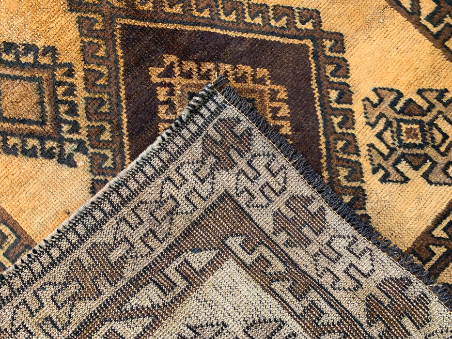 6'8 x 3'5 Hand-Knotted Persian Wool Rug - Gold & Brown Geometric Tribal Design - KBHM-980