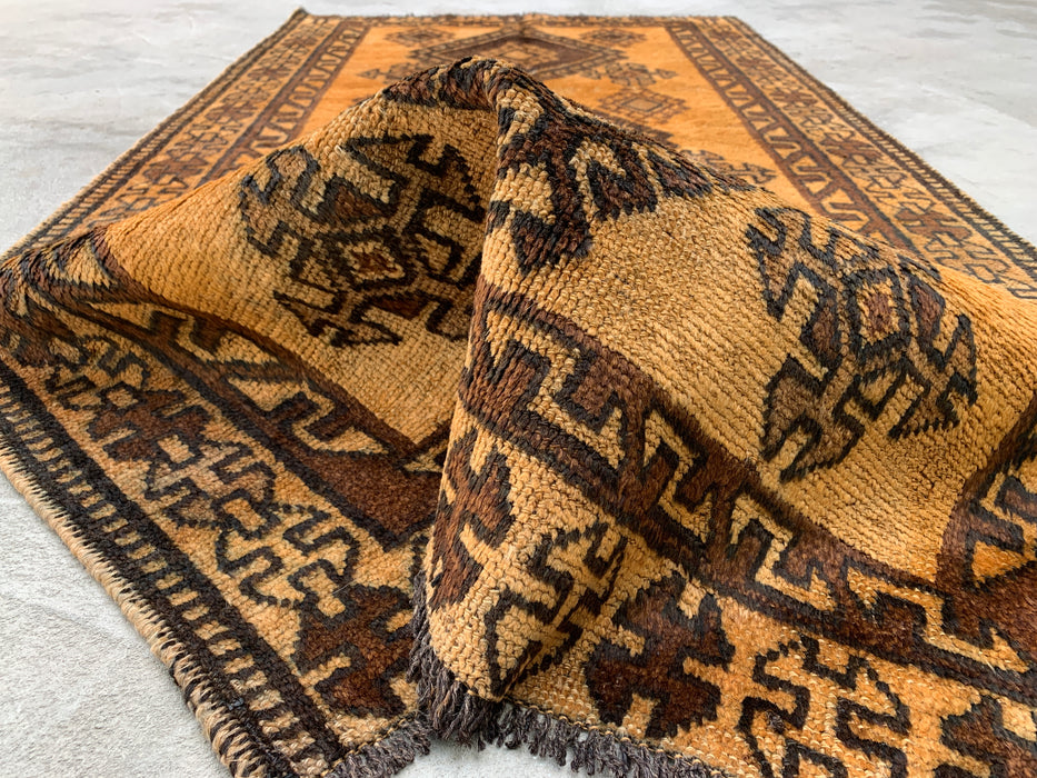 6'8 x 3'5 Hand-Knotted Persian Wool Rug - Gold & Brown Geometric Tribal Design - KBHM-980