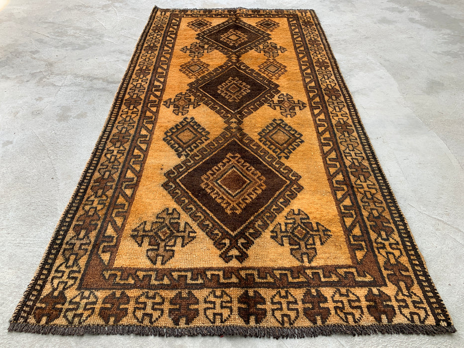 6'8 x 3'5 Hand-Knotted Persian Wool Rug - Gold & Brown Geometric Tribal Design - KBHM-980