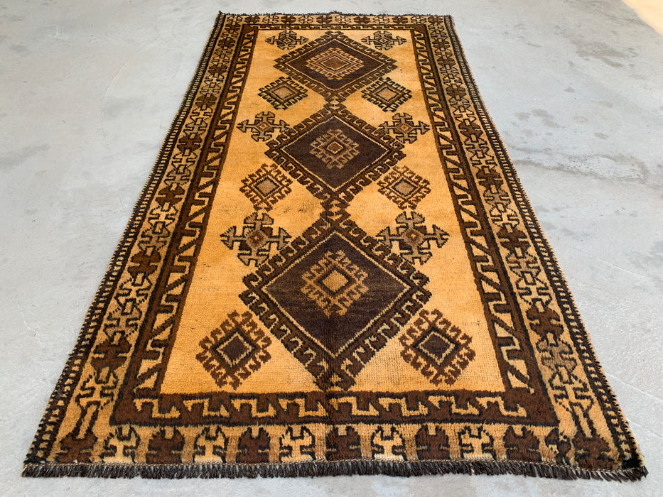 6'8 x 3'5 Hand-Knotted Persian Wool Rug - Gold & Brown Geometric Tribal Design - KBHM-980