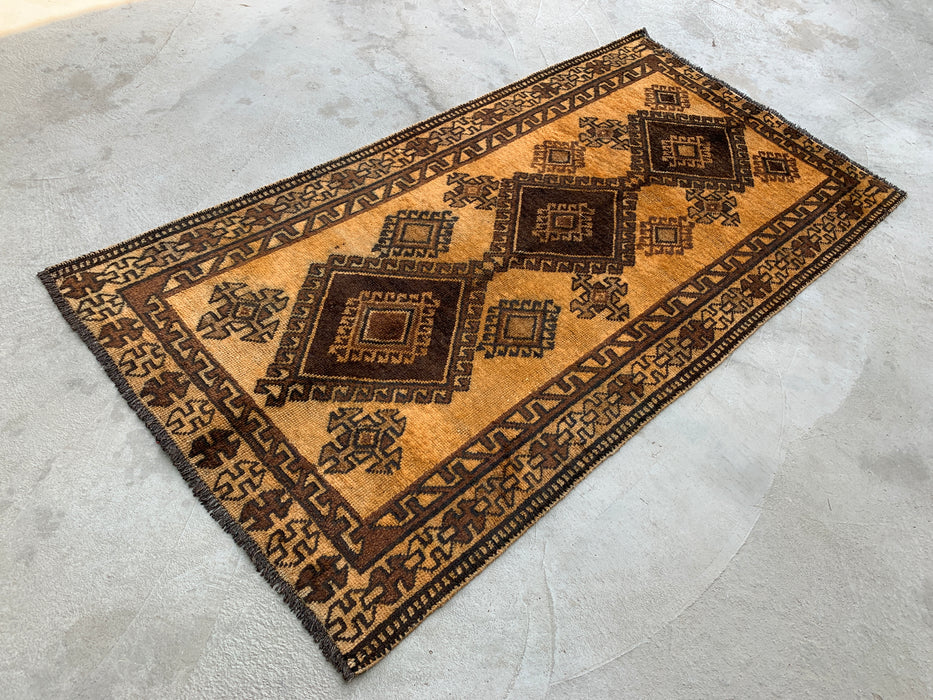 6'8 x 3'5 Hand-Knotted Persian Wool Rug - Gold & Brown Geometric Tribal Design - KBHM-980
