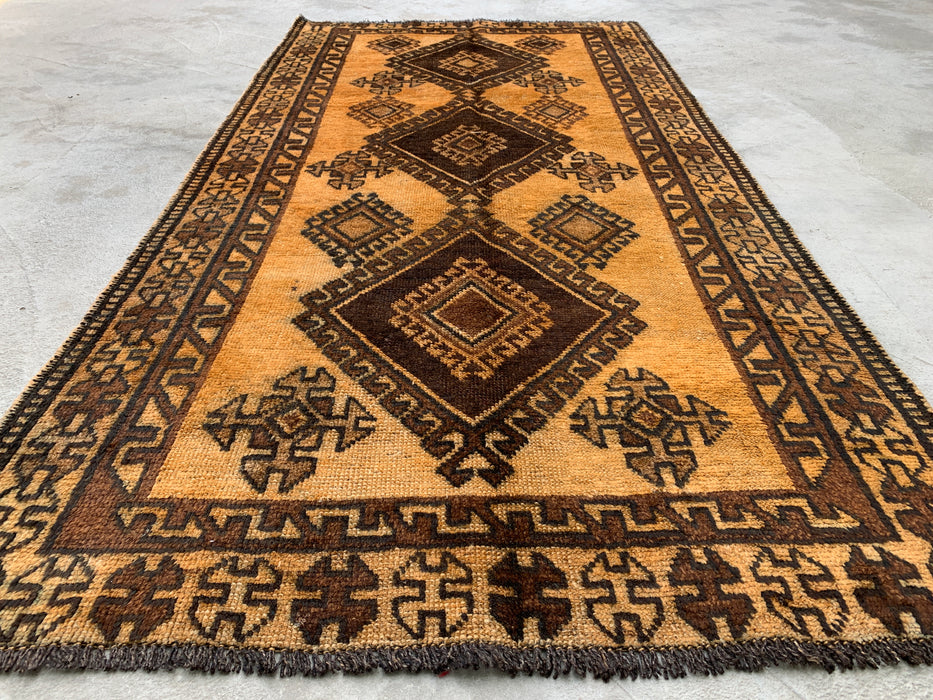 6'8 x 3'5 Hand-Knotted Persian Wool Rug - Gold & Brown Geometric Tribal Design - KBHM-980