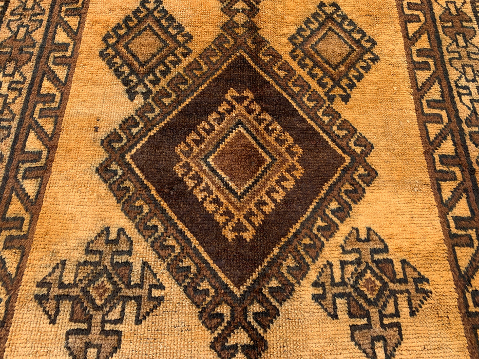 6'8 x 3'5 Hand-Knotted Persian Wool Rug - Gold & Brown Geometric Tribal Design - KBHM-980