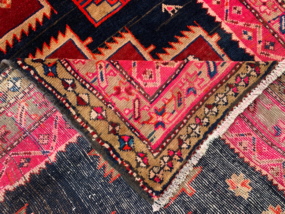 10'2 x 3'11 Hand-Knotted Persian Wool Runner - Navy & Pink Geometric Tribal Design - KBHM-984