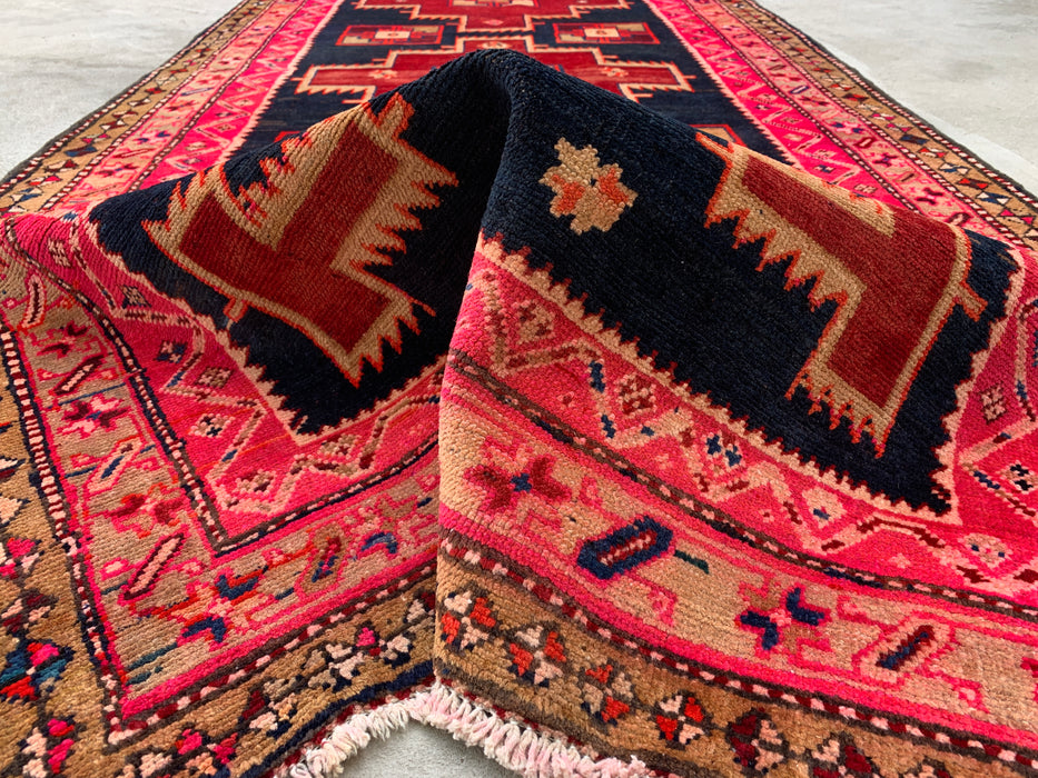 10'2 x 3'11 Hand-Knotted Persian Wool Runner - Navy & Pink Geometric Tribal Design - KBHM-984
