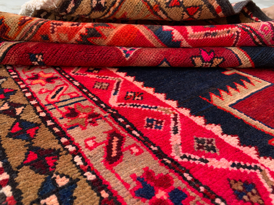 10'2 x 3'11 Hand-Knotted Persian Wool Runner - Navy & Pink Geometric Tribal Design - KBHM-984