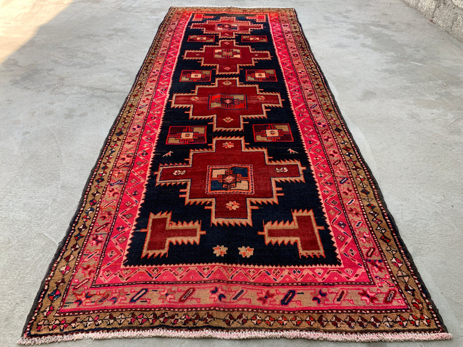 10'2 x 3'11 Hand-Knotted Persian Wool Runner - Navy & Pink Geometric Tribal Design - KBHM-984
