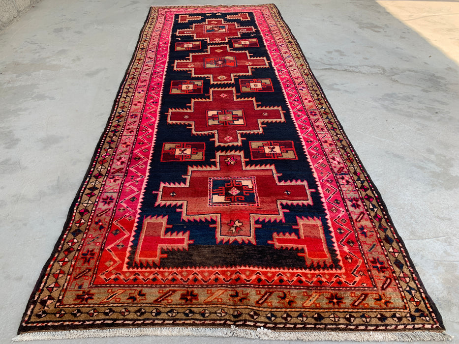 10'2 x 3'11 Hand-Knotted Persian Wool Runner - Navy & Pink Geometric Tribal Design - KBHM-984