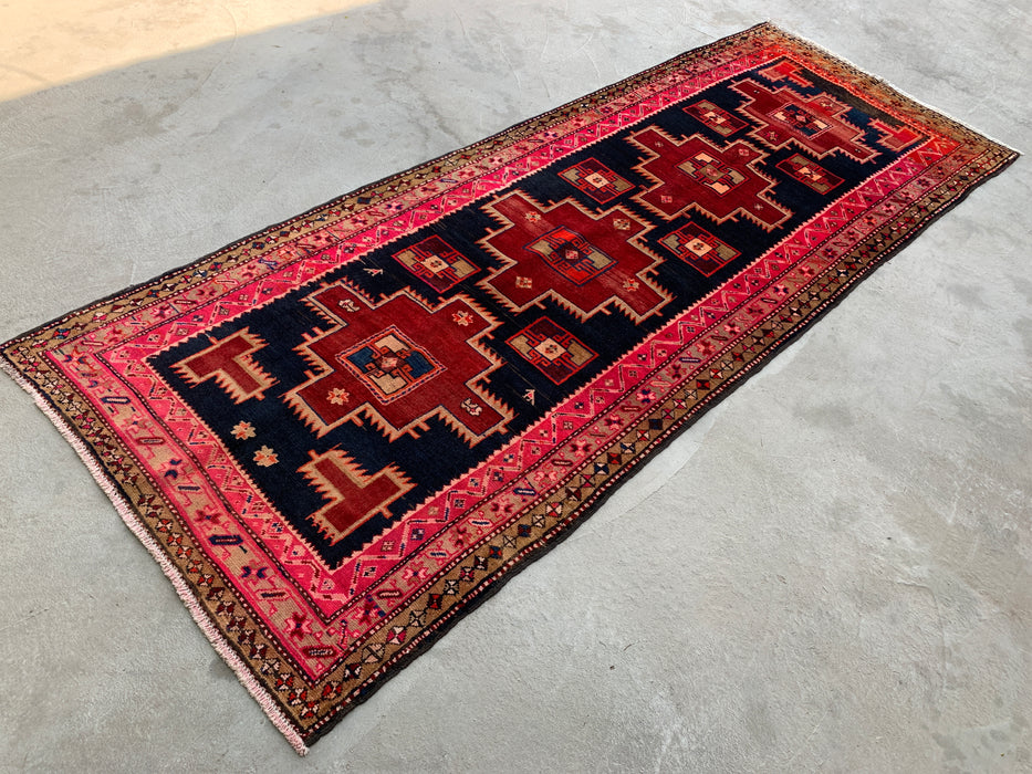 10'2 x 3'11 Hand-Knotted Persian Wool Runner - Navy & Pink Geometric Tribal Design - KBHM-984