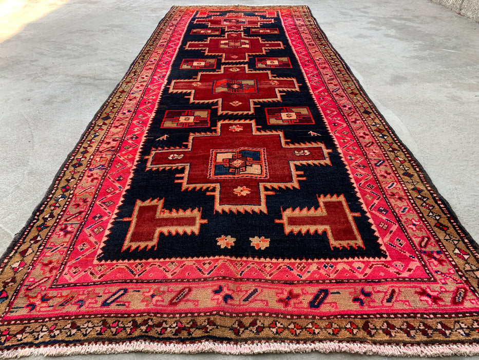 10'2 x 3'11 Hand-Knotted Persian Wool Runner - Navy & Pink Geometric Tribal Design - KBHM-984