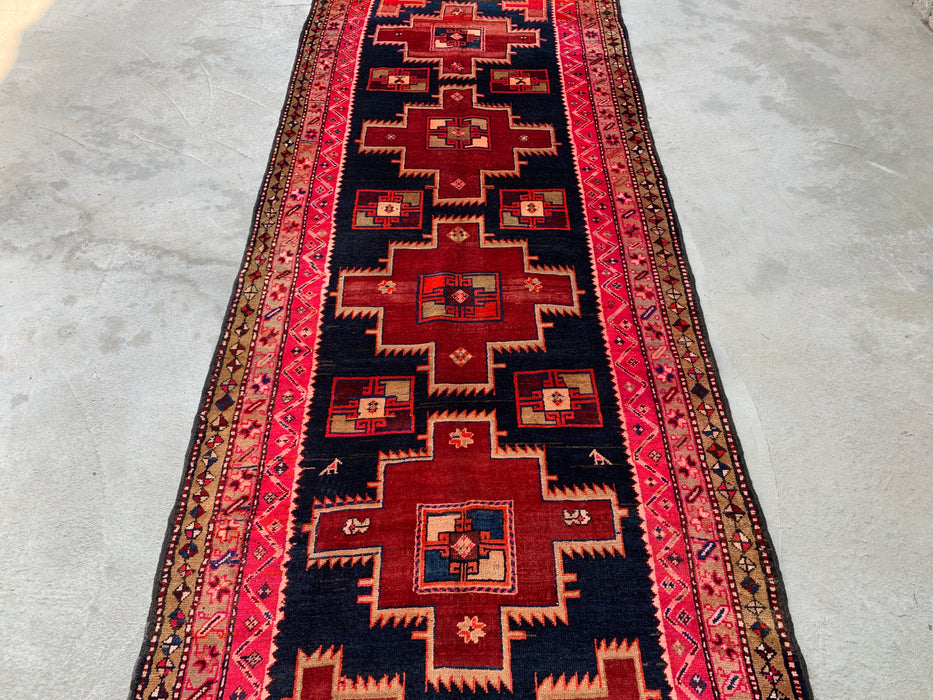 10'2 x 3'11 Hand-Knotted Persian Wool Runner - Navy & Pink Geometric Tribal Design - KBHM-984