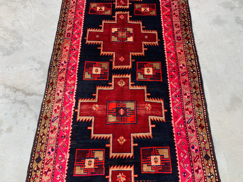 10'2 x 3'11 Hand-Knotted Persian Wool Runner - Navy & Pink Geometric Tribal Design - KBHM-984