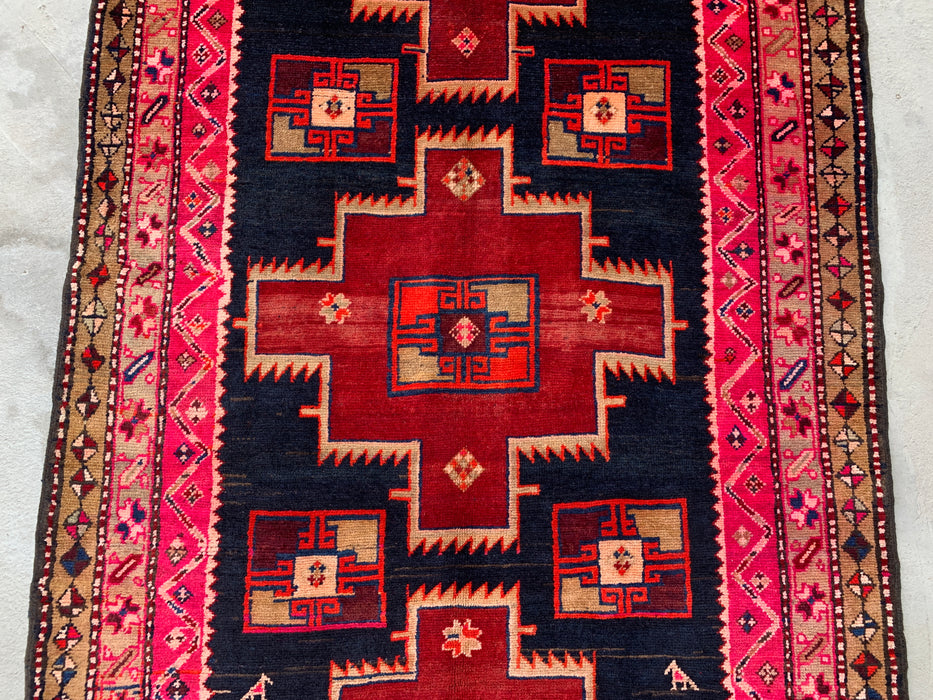 10'2 x 3'11 Hand-Knotted Persian Wool Runner - Navy & Pink Geometric Tribal Design - KBHM-984