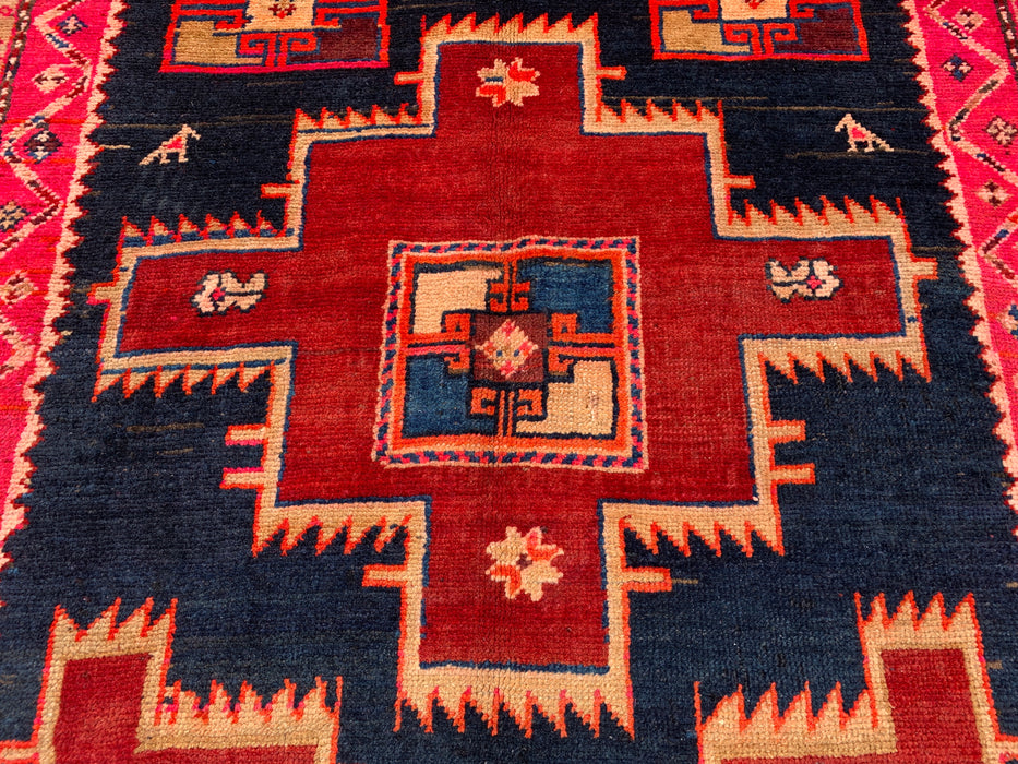 10'2 x 3'11 Hand-Knotted Persian Wool Runner - Navy & Pink Geometric Tribal Design - KBHM-984