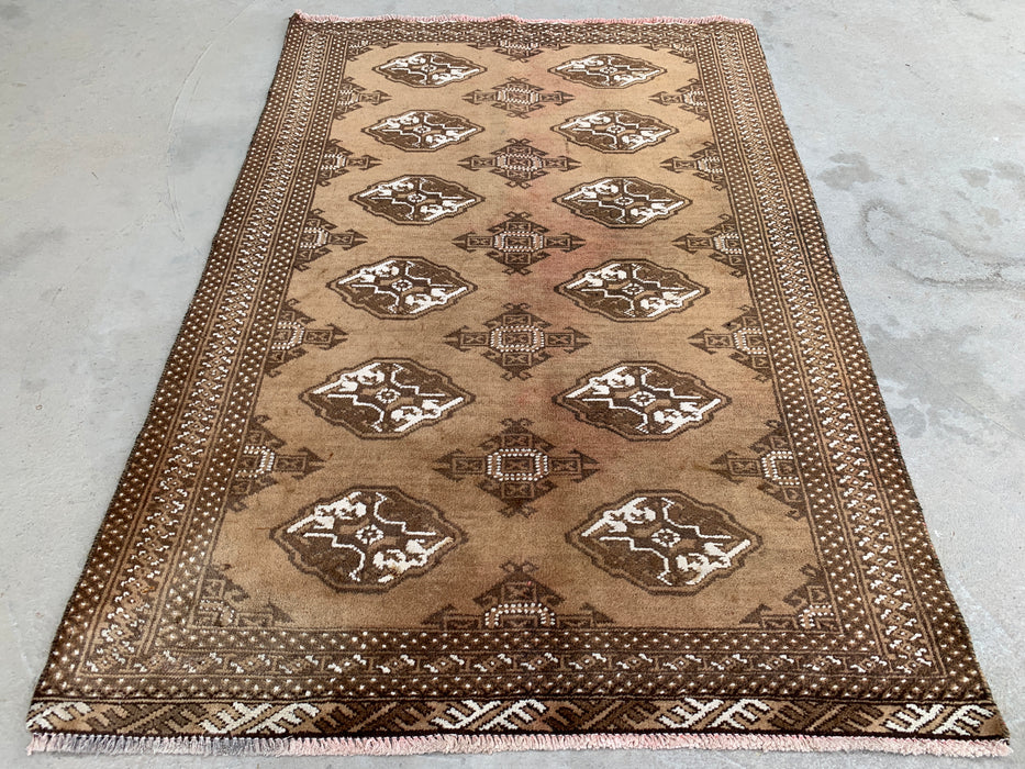 4'8 x 3'2 Hand-Knotted Persian Wool Rug - Taupe & Brown Geometric Motif Design - KBHM-987