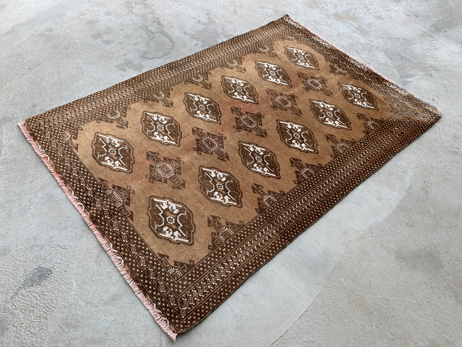4'8 x 3'2 Hand-Knotted Persian Wool Rug - Taupe & Brown Geometric Motif Design - KBHM-987