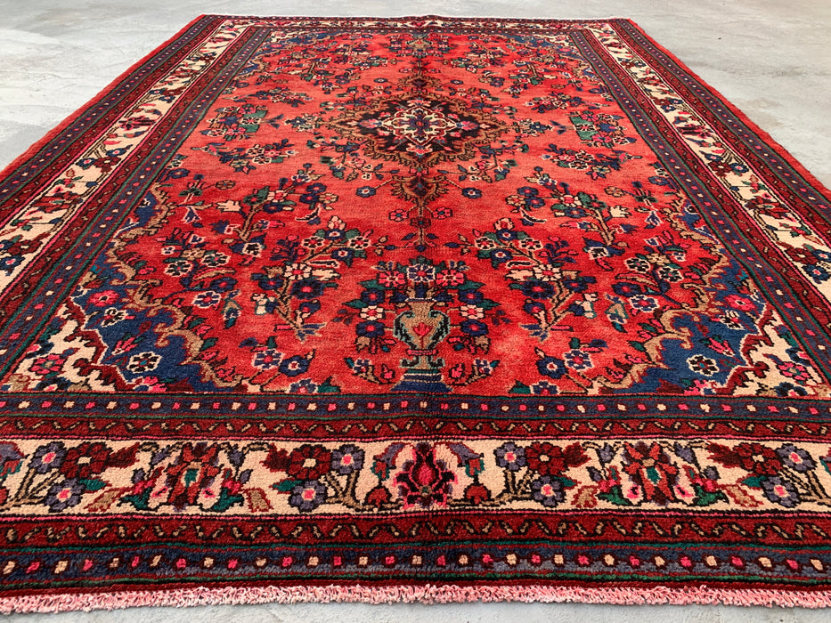 9'10 x 7'2 Hand-Knotted Persian Wool Rug - Red Floral Medallion Design - KBHM-988