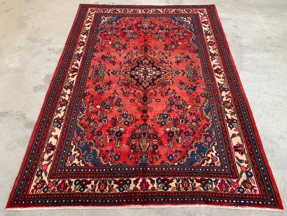 9'10 x 7'2 Hand-Knotted Persian Wool Rug - Red Floral Medallion Design - KBHM-988