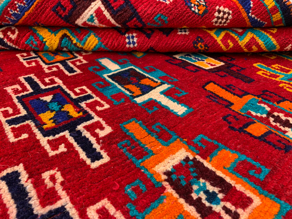5'10 x 4'5 Hand-Knotted Persian Wool Rug - Red Geometric Tribal Design - KBHM-995