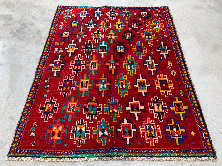 5'10 x 4'5 Hand-Knotted Persian Wool Rug - Red Geometric Tribal Design - KBHM-995