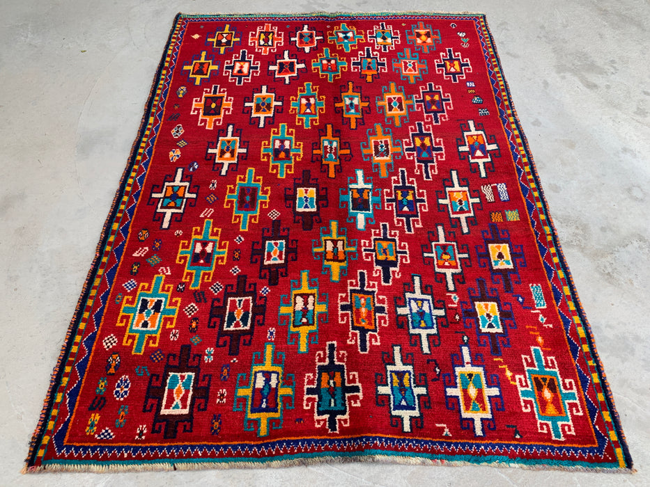 5'10 x 4'5 Hand-Knotted Persian Wool Rug - Red Geometric Tribal Design - KBHM-995