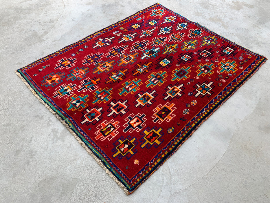 5'10 x 4'5 Hand-Knotted Persian Wool Rug - Red Geometric Tribal Design - KBHM-995