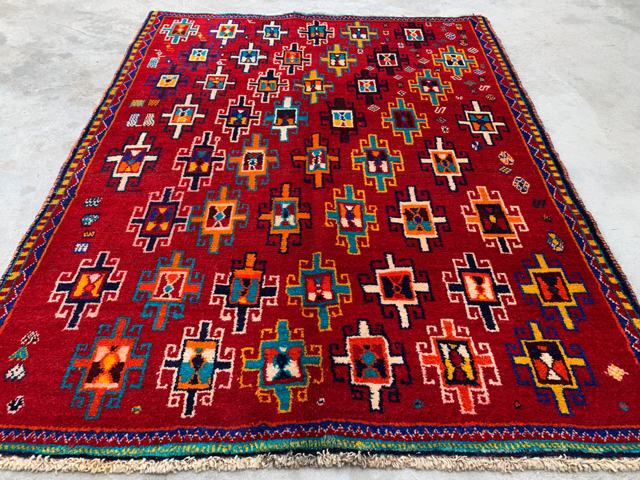 5'10 x 4'5 Hand-Knotted Persian Wool Rug - Red Geometric Tribal Design - KBHM-995