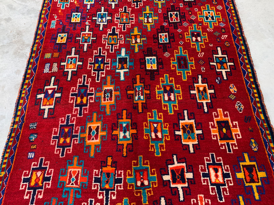5'10 x 4'5 Hand-Knotted Persian Wool Rug - Red Geometric Tribal Design - KBHM-995
