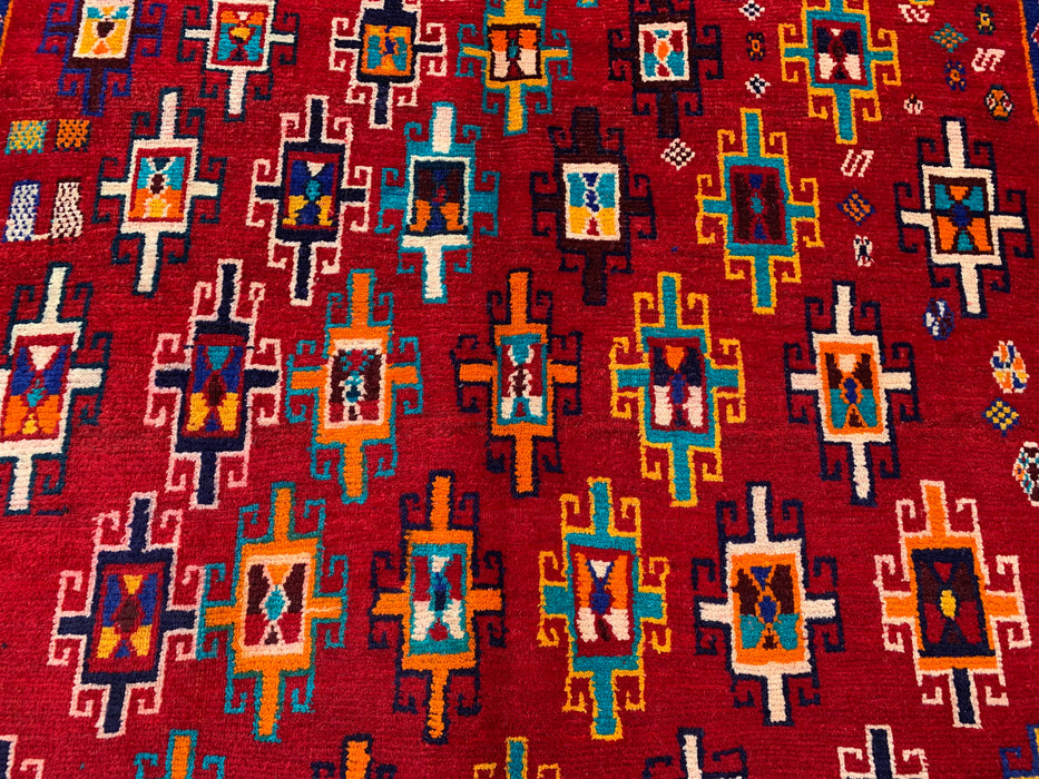 5'10 x 4'5 Hand-Knotted Persian Wool Rug - Red Geometric Tribal Design - KBHM-995