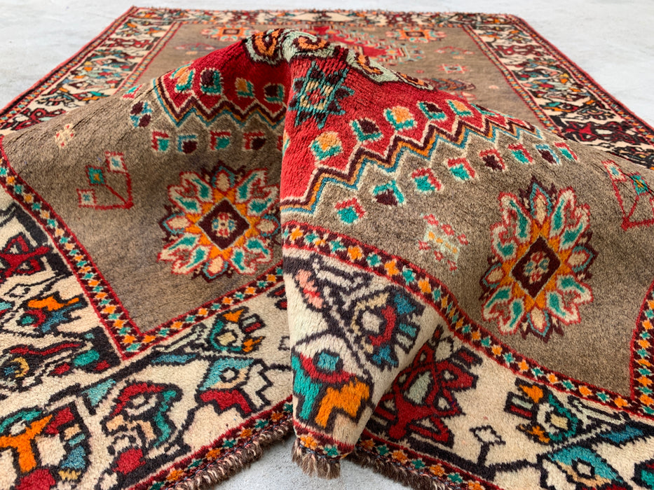 4'10 x 3'5 Hand-Knotted Persian Wool Rug - Taupe Geometric Tribal Design - KBHM-997