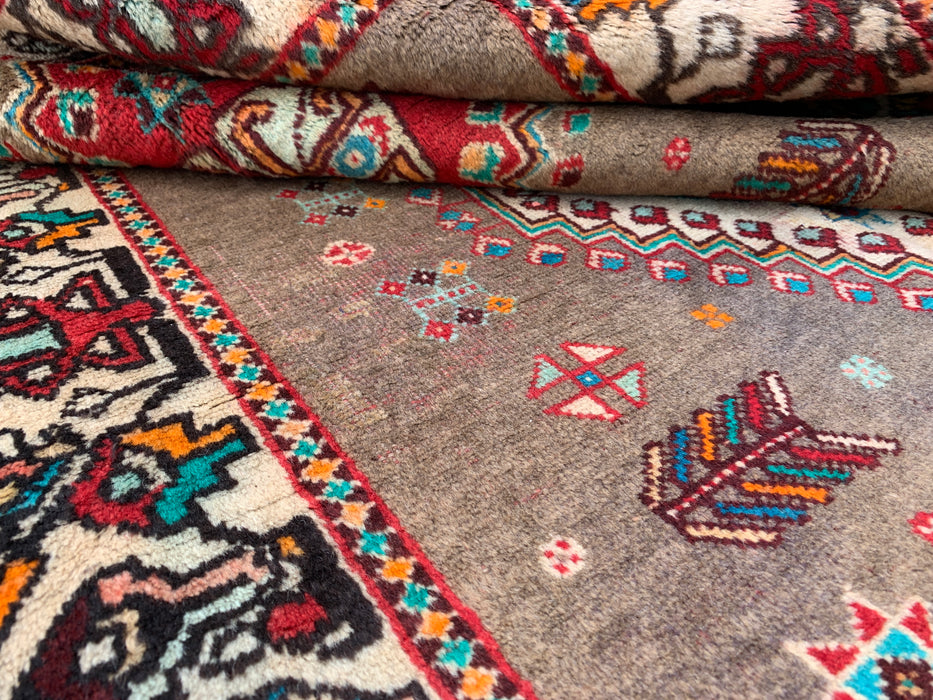 4'10 x 3'5 Hand-Knotted Persian Wool Rug - Taupe Geometric Tribal Design - KBHM-997