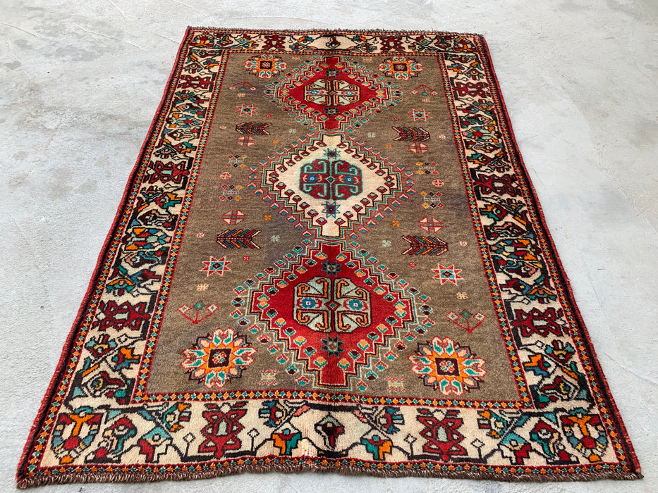 4'10 x 3'5 Hand-Knotted Persian Wool Rug - Taupe Geometric Tribal Design - KBHM-997