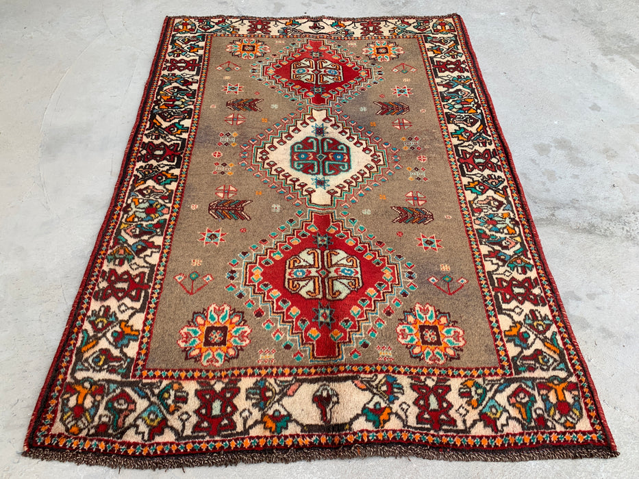 4'10 x 3'5 Hand-Knotted Persian Wool Rug - Taupe Geometric Tribal Design - KBHM-997