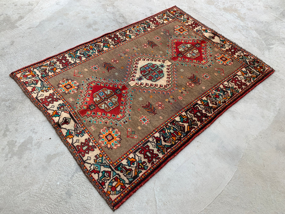 4'10 x 3'5 Hand-Knotted Persian Wool Rug - Taupe Geometric Tribal Design - KBHM-997