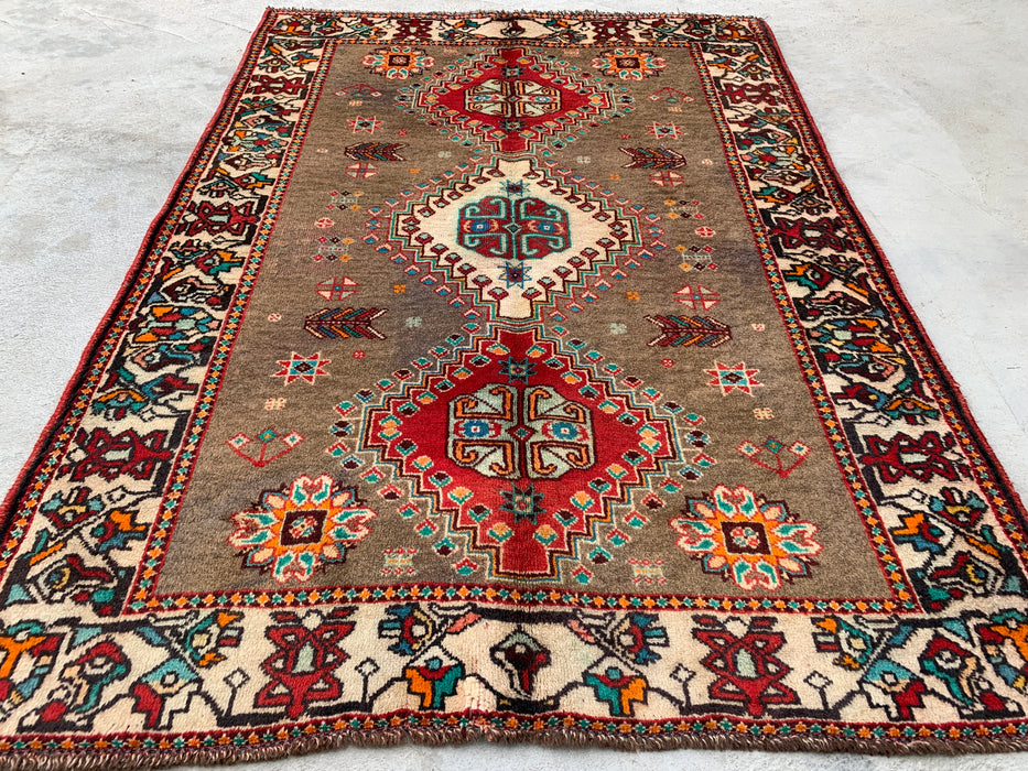 4'10 x 3'5 Hand-Knotted Persian Wool Rug - Taupe Geometric Tribal Design - KBHM-997