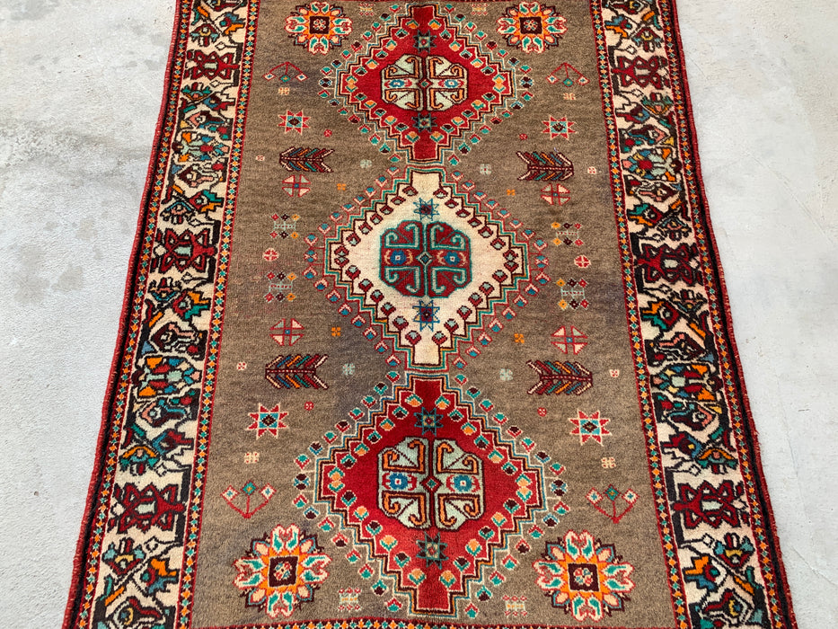 4'10 x 3'5 Hand-Knotted Persian Wool Rug - Taupe Geometric Tribal Design - KBHM-997
