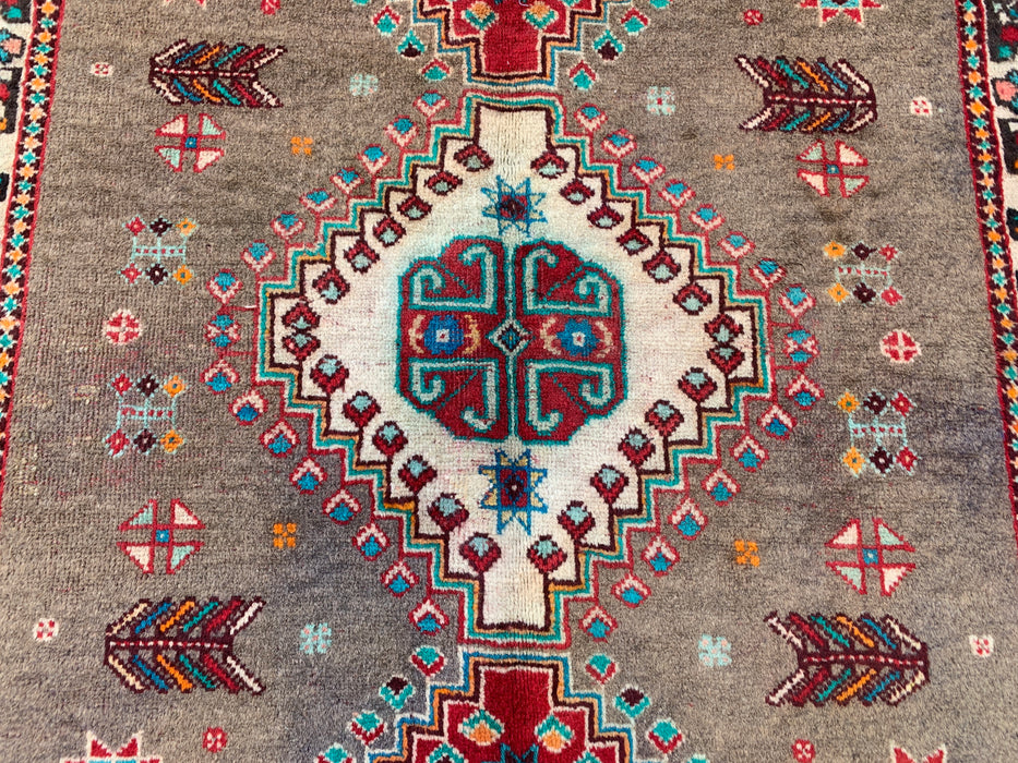 4'10 x 3'5 Hand-Knotted Persian Wool Rug - Taupe Geometric Tribal Design - KBHM-997