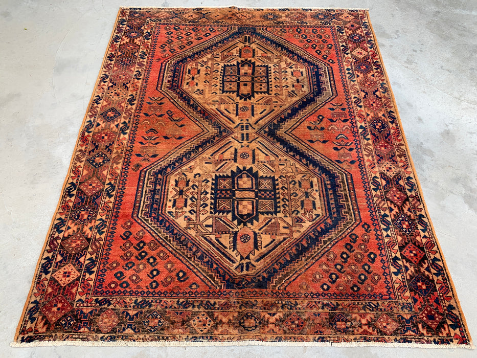 6'7 x 5'3 Hand-Knotted Persian Wool Rug - Faded Peach Tribal Medallion Design - KBHM-999