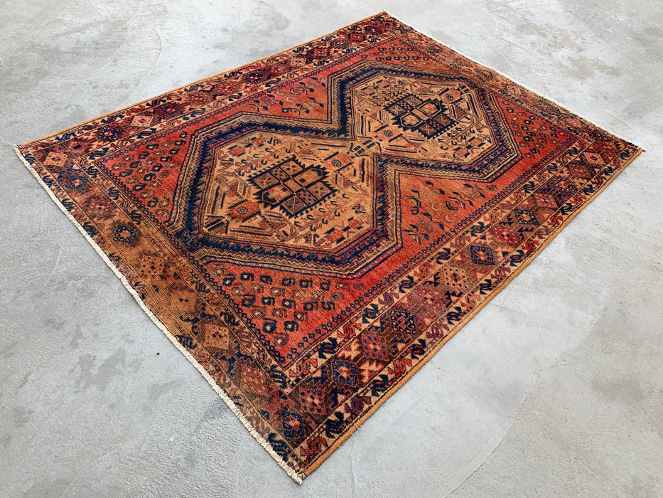 6'7 x 5'3 Hand-Knotted Persian Wool Rug - Faded Peach Tribal Medallion Design - KBHM-999