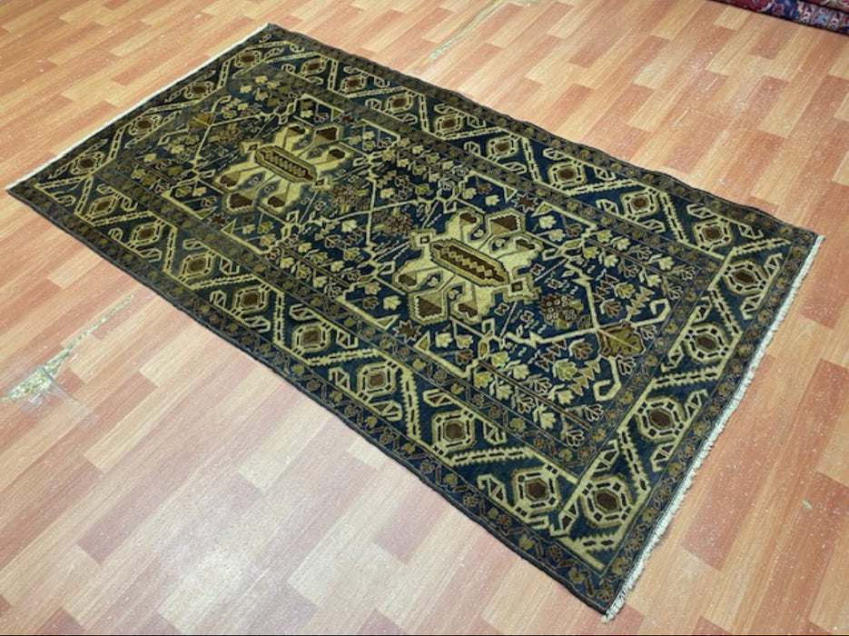 3’9” x 6’8” Hand-Knotted Tribal Wool Rug – Navy & Beige Geometric Pattern