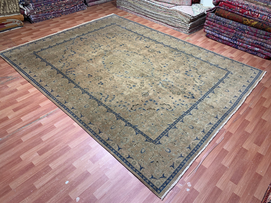 9’8” × 12’6” Hand-Knotted Wool Rug – Camel Brown Field with Navy & Taupe Floral Border