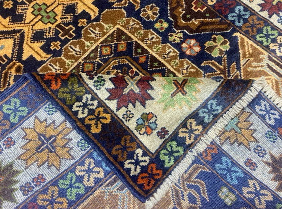 3’11” x 6’8” Hand-Knotted Caucasian Wool Runner – Deep Indigo & Earth Tones