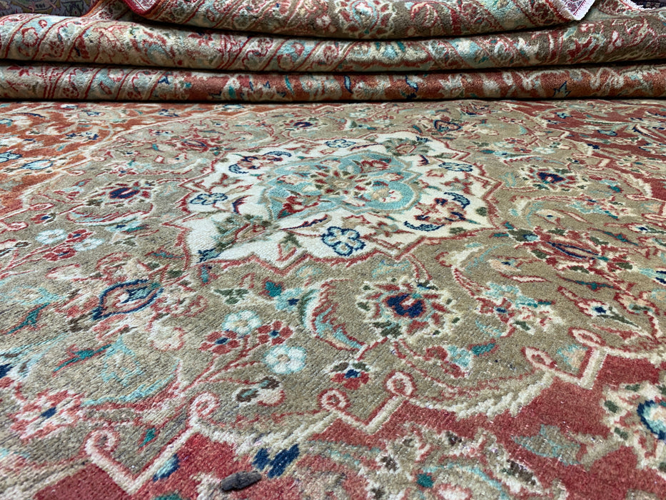 10’0” × 12’6” Hand-Knotted Persian Wool Rug – Terracotta Red with Sage & Ivory Accents