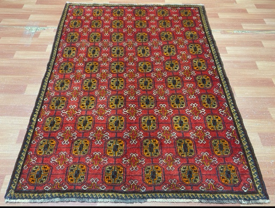 4’0” x 5’4” Hand-Knotted Turkoman Wool Rug – Classic Red Field with Gul Motifs