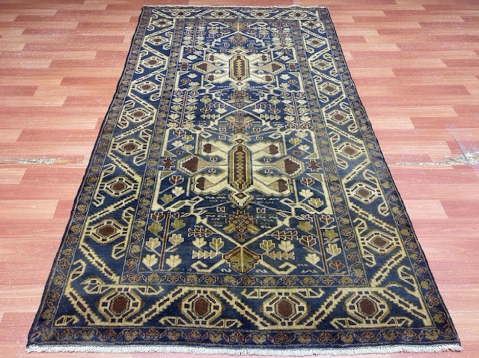 3’9” x 6’8” Hand-Knotted Tribal Wool Rug – Navy & Beige Geometric Pattern