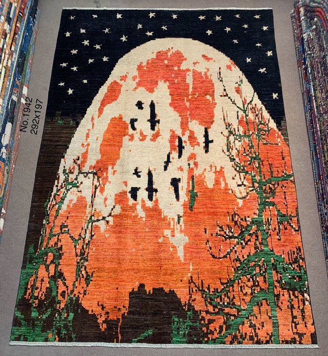 6’4” × 9’5” Contemporary Hand-Knotted Wool Rug – Abstract Moonrise Design