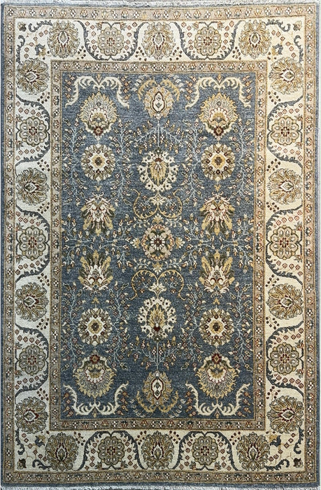 5'0" × 8’0" Hand-Knotted Chobi Wool Rug – Navy Blue with Green & Ivory Border